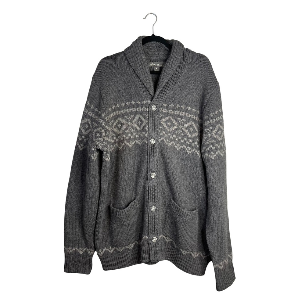 Eddie Bauer Cardigan Mens TXL Gray Fair Isle Wool Blend Cabin Heritage Gorpcore
